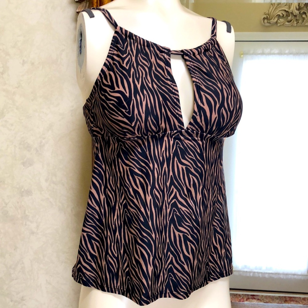 New Women’s Tankini top.  Size M (8-10).  Black and brown.  Adjustable straps.